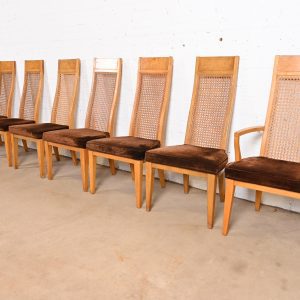 Milo Baughman Style Mid-Century Modern Burl Wood and Cane High Back Dining Chairs by Lane, Set of Eight