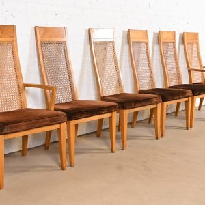 Milo Baughman Style Mid-Century Modern Burl Wood and Cane High Back Dining Chairs by Lane, Set of Six