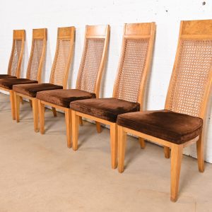 Milo Baughman Style Mid-Century Modern Burl Wood and Cane High Back Dining Chairs by Lane, Set of Six