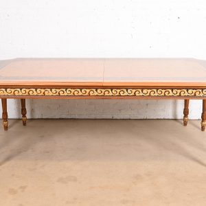 Versace Style Italian Neoclassical Inlaid Burl Wood and Parcel Gilt Extension Dining Table, Newly Refinished