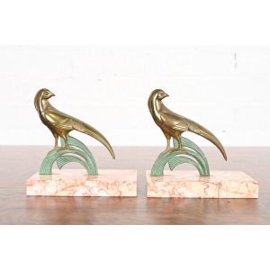 Art Deco Bronze and Marble Pheasant Bookends, Pair
