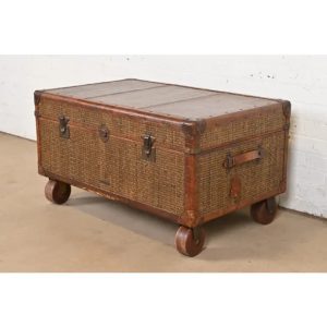 Baker Furniture Campaign Rattan and Leather Trunk Coffee Table