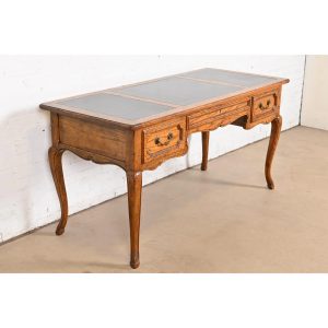 Baker Furniture French Provincial Louis XV Carved Oak Leather Top Bureau Plat Desk