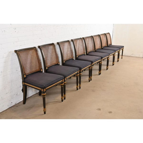 Baker Furniture French Regency Louis XVI Ebonized and Gold Gilt Cane Back Dining Chairs, Set of Eight - Image 4