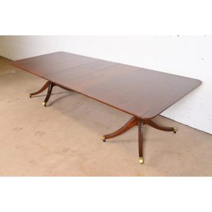 Baker Furniture Georgian Banded Mahogany Double Pedestal Extension Dining Table, Newly Refinished