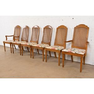 Drexel French Regency Louis XVI Carved Walnut and Cane Back Dining Chairs, Set of Six