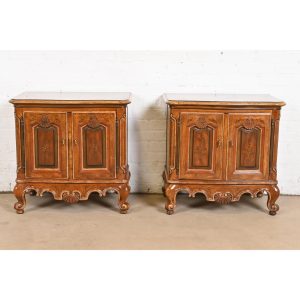 Drexel Heritage French Provincial Louis XV Carved Walnut Nightstands, Pair