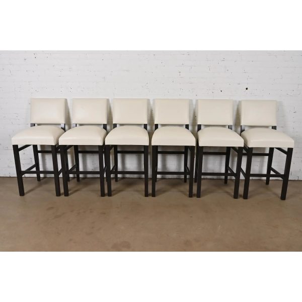 Ethan Allen Modern Mahogany and Leather Bar Stools, Set of Six - Image 3