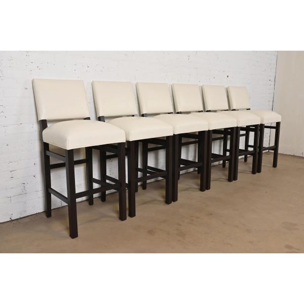 Ethan Allen Modern Mahogany and Leather Bar Stools, Set of Six - Image 4