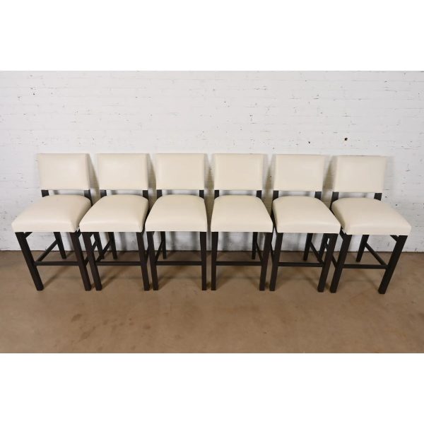 Ethan Allen Modern Mahogany and Leather Bar Stools, Set of Six - Image 5