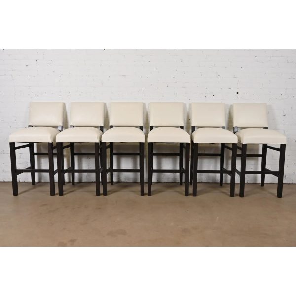 Ethan Allen Modern Mahogany and Leather Bar Stools, Set of Six - Image 2