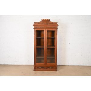 Herter Brothers Style Antique Eastlake Victorian Carved Burled Walnut Bookcase, Circa 1880s