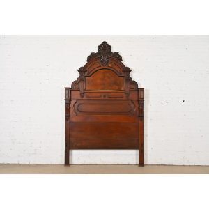 Herter Brothers Style Antique Eastlake Victorian Monumental Carved Burled Walnut Full Size Headboard, Circa 1880s