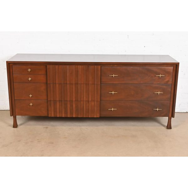 John Widdicomb Mid-Century Modern Sculpted Walnut Dresser or Credenza, Newly Refinished - Image 2