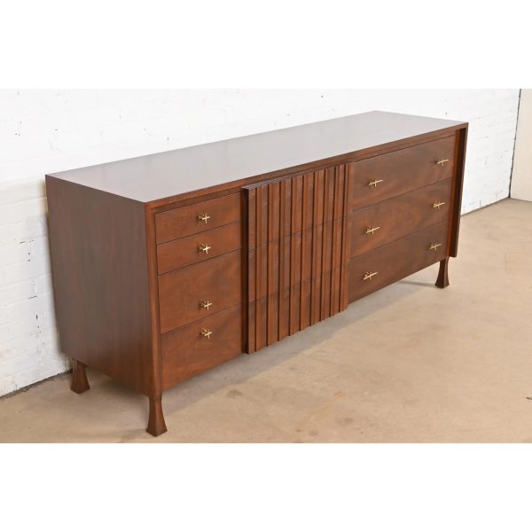 John Widdicomb Mid-Century Modern Sculpted Walnut Dresser or Credenza, Newly Refinished - Image 4