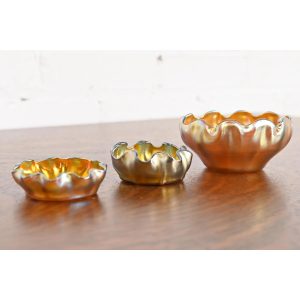 Louis Comfort Tiffany Favrile Iridescent Art Glass Salt Cellars With Ruffled Edges, Set of Three