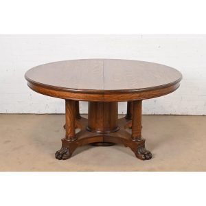 R. J. Horner Antique Victorian Monumental Tiger Oak Split Pedestal Extension Dining Table With Twelve Leaves, Newly Refinished