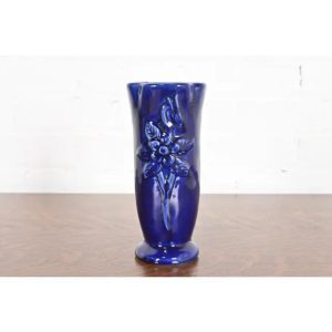 Van Briggle Arts & Crafts Ming Blue Glazed Ceramic Vase With Floral Motif