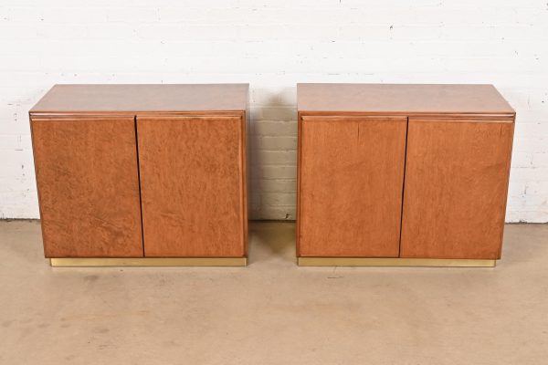Milo Baughman for Thayer Coggin Burl Wood and Brass Bedside Chests, Newly Refinished - Image 3