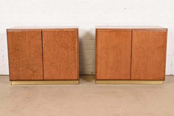 Milo Baughman for Thayer Coggin Burl Wood and Brass Bedside Chests, Newly Refinished - Image 2