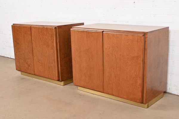 Milo Baughman for Thayer Coggin Burl Wood and Brass Bedside Chests, Newly Refinished