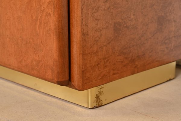 Milo Baughman for Thayer Coggin Burl Wood and Brass Bedside Chests, Newly Refinished - Image 11