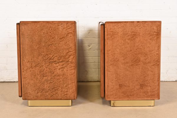 Milo Baughman for Thayer Coggin Burl Wood and Brass Bedside Chests, Newly Refinished - Image 8