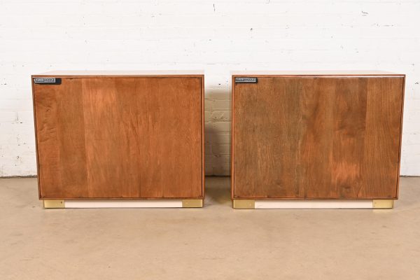 Milo Baughman for Thayer Coggin Burl Wood and Brass Bedside Chests, Newly Refinished - Image 9