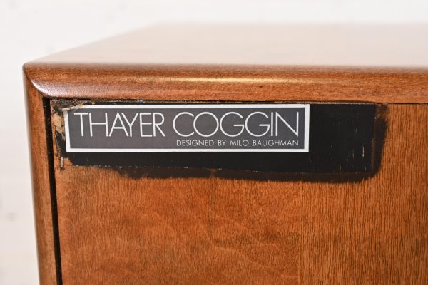 Milo Baughman for Thayer Coggin Burl Wood and Brass Bedside Chests, Newly Refinished - Image 10