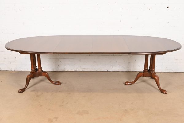 Baker Furniture Georgian Cherry Wood Double Pedestal Extension Dining Table, Newly Refinished - Image 2