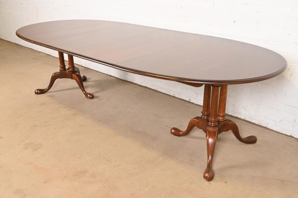 Baker Furniture Georgian Cherry Wood Double Pedestal Extension Dining Table, Newly Refinished