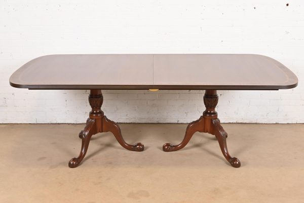 Baker Furniture Style English Georgian Monumental Banded Mahogany Double Pedestal Extension Dining Table, Newly Refinished - Image 8