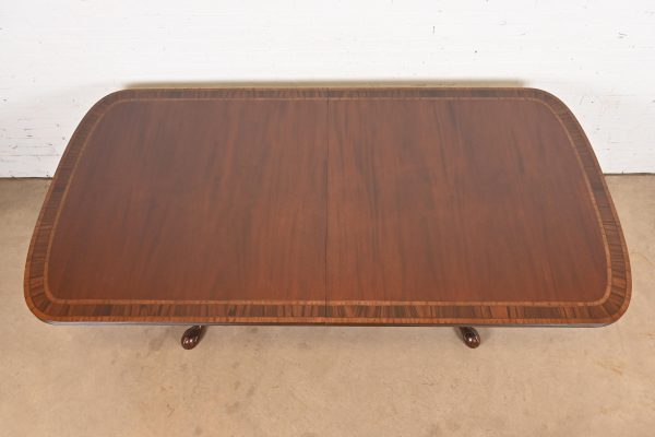 Baker Furniture Style English Georgian Monumental Banded Mahogany Double Pedestal Extension Dining Table, Newly Refinished - Image 9