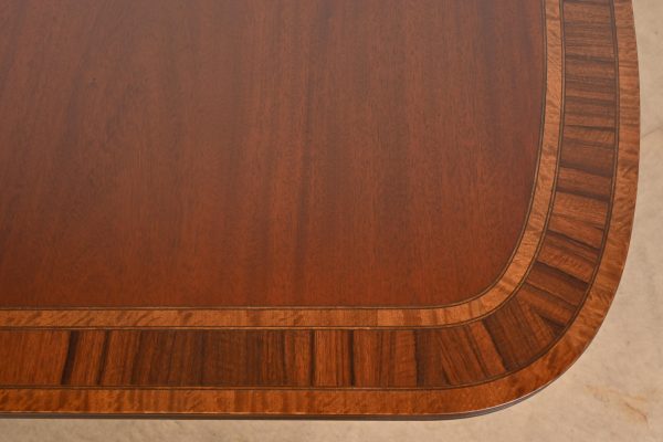 Baker Furniture Style English Georgian Monumental Banded Mahogany Double Pedestal Extension Dining Table, Newly Refinished - Image 6