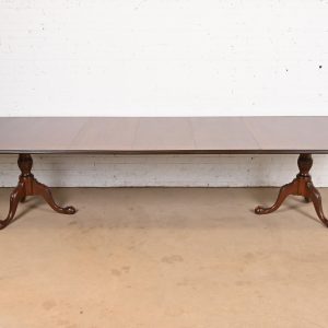 Baker Furniture Style English Georgian Monumental Banded Mahogany Double Pedestal Extension Dining Table, Newly Refinished