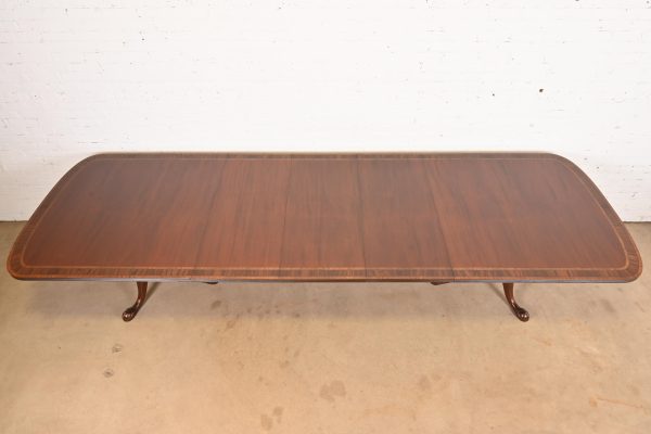 Baker Furniture Style English Georgian Monumental Banded Mahogany Double Pedestal Extension Dining Table, Newly Refinished - Image 5