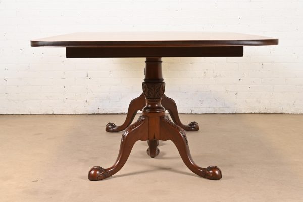 Baker Furniture Style English Georgian Monumental Banded Mahogany Double Pedestal Extension Dining Table, Newly Refinished - Image 11