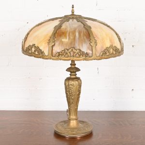 Antique Art Nouveau Slag Glass Table Lamp in the Manner of Handel, Circa 1920s
