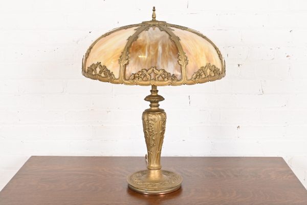 Antique Art Nouveau Slag Glass Table Lamp in the Manner of Handel, Circa 1920s