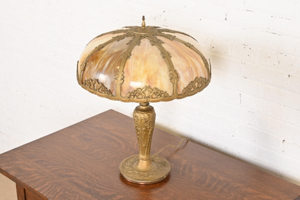 Antique Art Nouveau Slag Glass Table Lamp in the Manner of Handel, Circa 1920s - Image 2