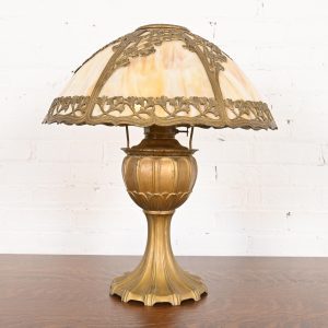 Antique Art Nouveau Slag Glass Table Lamp by Miller Lamp Co., Circa 1920s