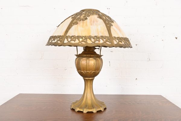 Antique Art Nouveau Slag Glass Table Lamp by Miller Lamp Co., Circa 1920s
