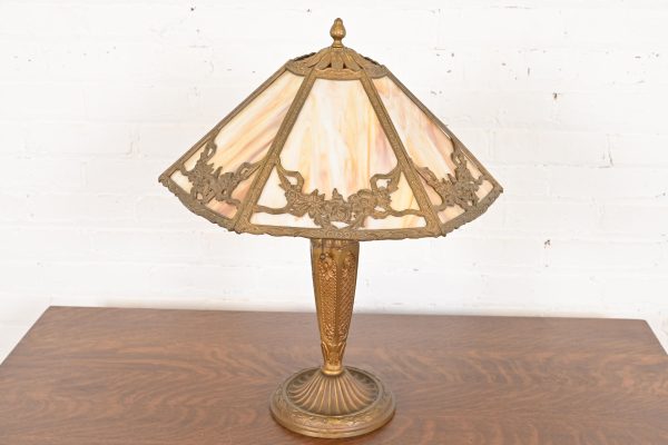 Antique Art Nouveau Slag Glass Table Lamp in the Manner of Handel, Circa 1910 - Image 2