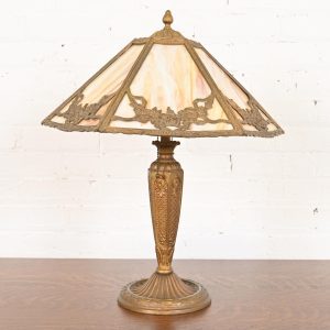 Antique Art Nouveau Slag Glass Table Lamp in the Manner of Handel, Circa 1910
