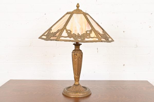 Antique Art Nouveau Slag Glass Table Lamp in the Manner of Handel, Circa 1910