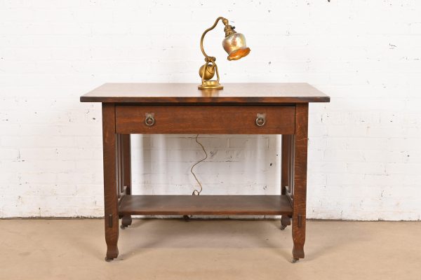 Tiffany Studios New York Bronze Doré Counterbalance Desk Lamp With Favrile Glass Pulled Feather Shade, Circa 1910 - Image 11