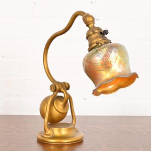 Tiffany Studios New York Bronze Doré Counterbalance Desk Lamp With Favrile Glass Pulled Feather Shade, Circa 1910