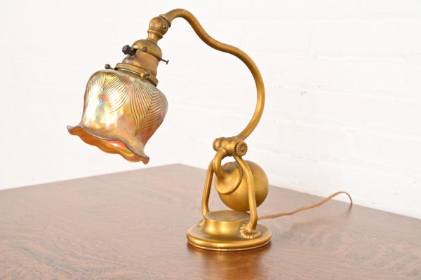 Tiffany Studios New York Bronze Doré Counterbalance Desk Lamp With Favrile Glass Pulled Feather Shade, Circa 1910 - Image 2