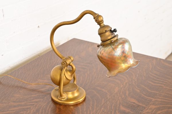 Tiffany Studios New York Bronze Doré Counterbalance Desk Lamp With Favrile Glass Pulled Feather Shade, Circa 1910 - Image 3