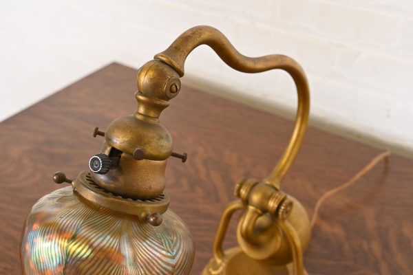 Tiffany Studios New York Bronze Doré Counterbalance Desk Lamp With Favrile Glass Pulled Feather Shade, Circa 1910 - Image 5